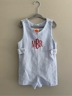 Southern Sunshine Kids Boys 2T Blue White Seersucker Monogram Romper mBr MRB